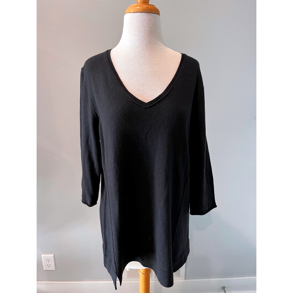 J. Jill Black V-Neck Tunic Sweater 3/4 Sleeve Seam Detail Womens Medium Missy